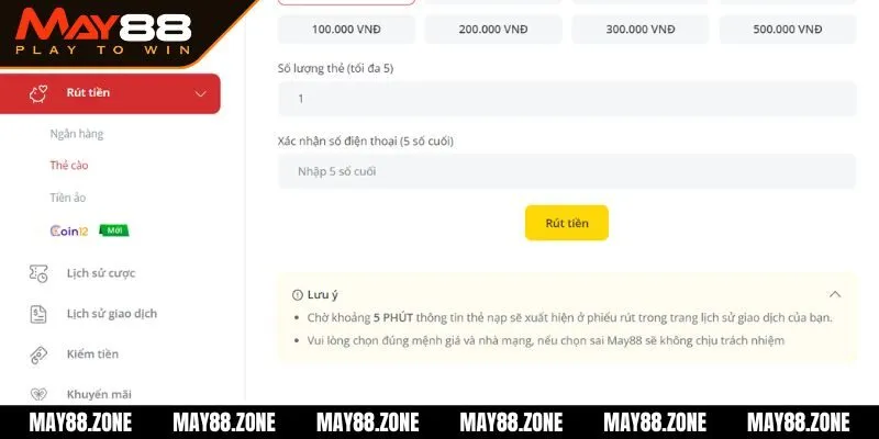 Rút tiền MAY88 - Hướng dẫn quy trình rút lợi nhuận đơn giản 3 Một số chú ý đảm bảo việc rút tiền tại sân chơi thành công